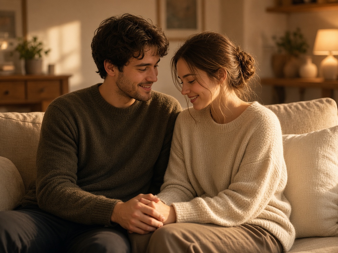 A couple sitting close together at home in warm evening light
