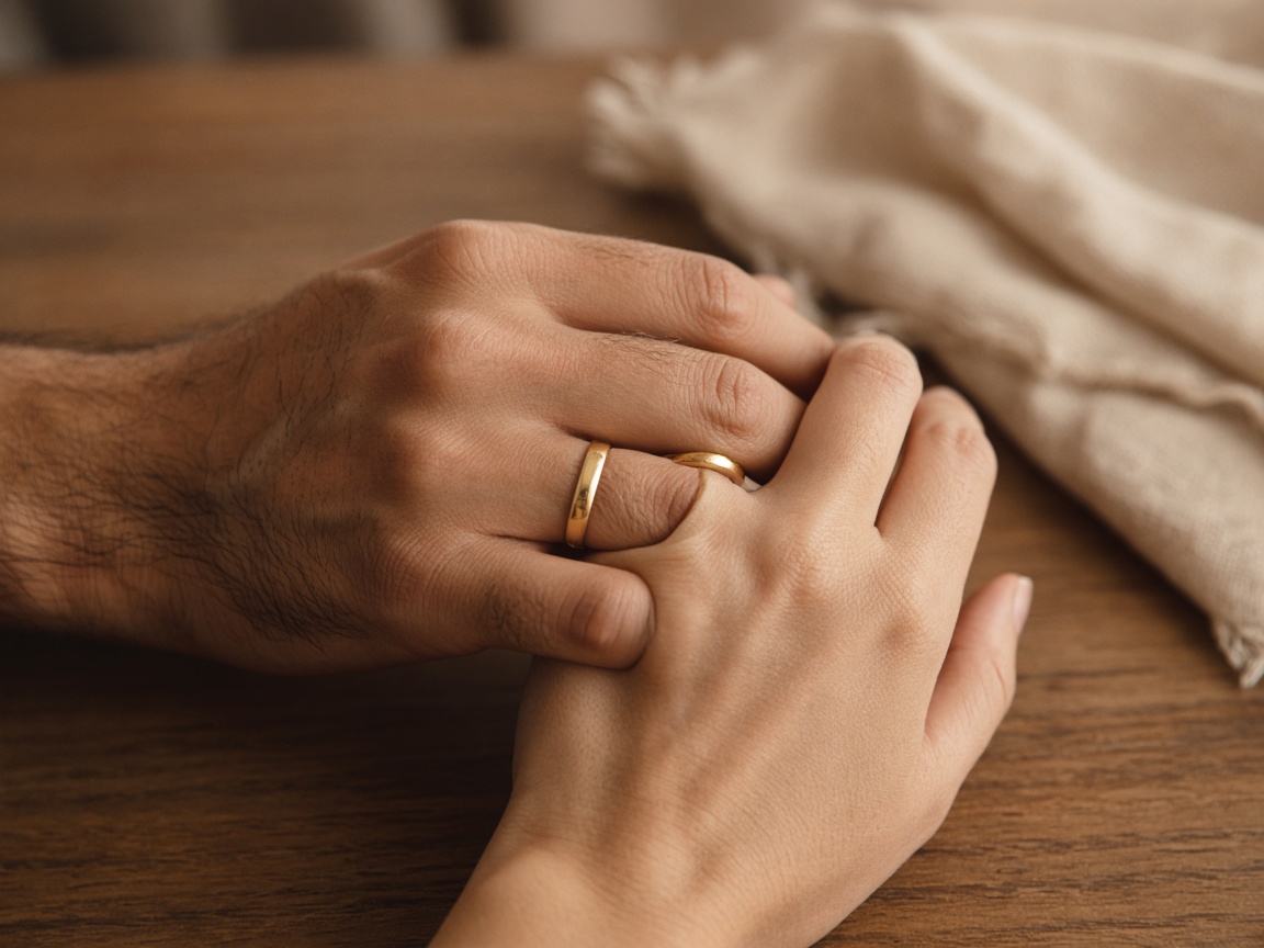 Two hands gently holding each other in soft light