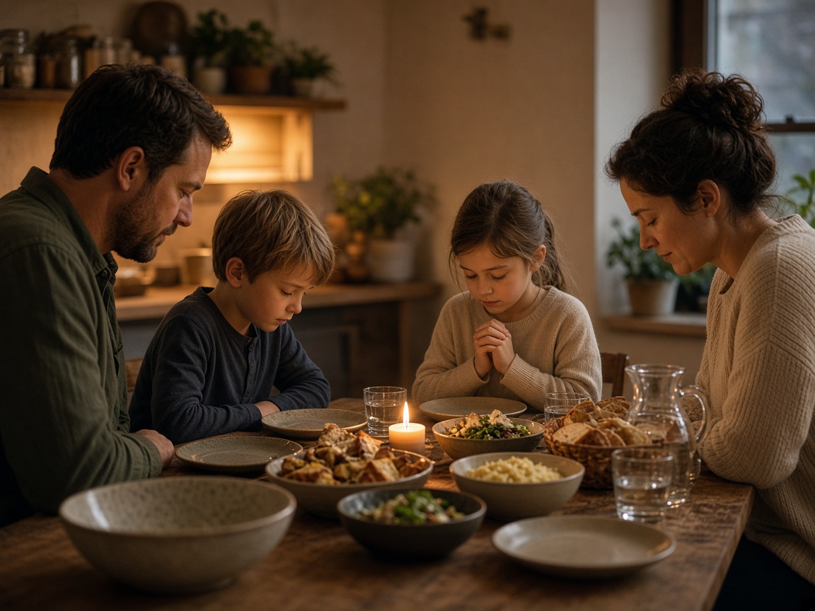 A family gathered at a dinner table sharing a quiet moment of grace